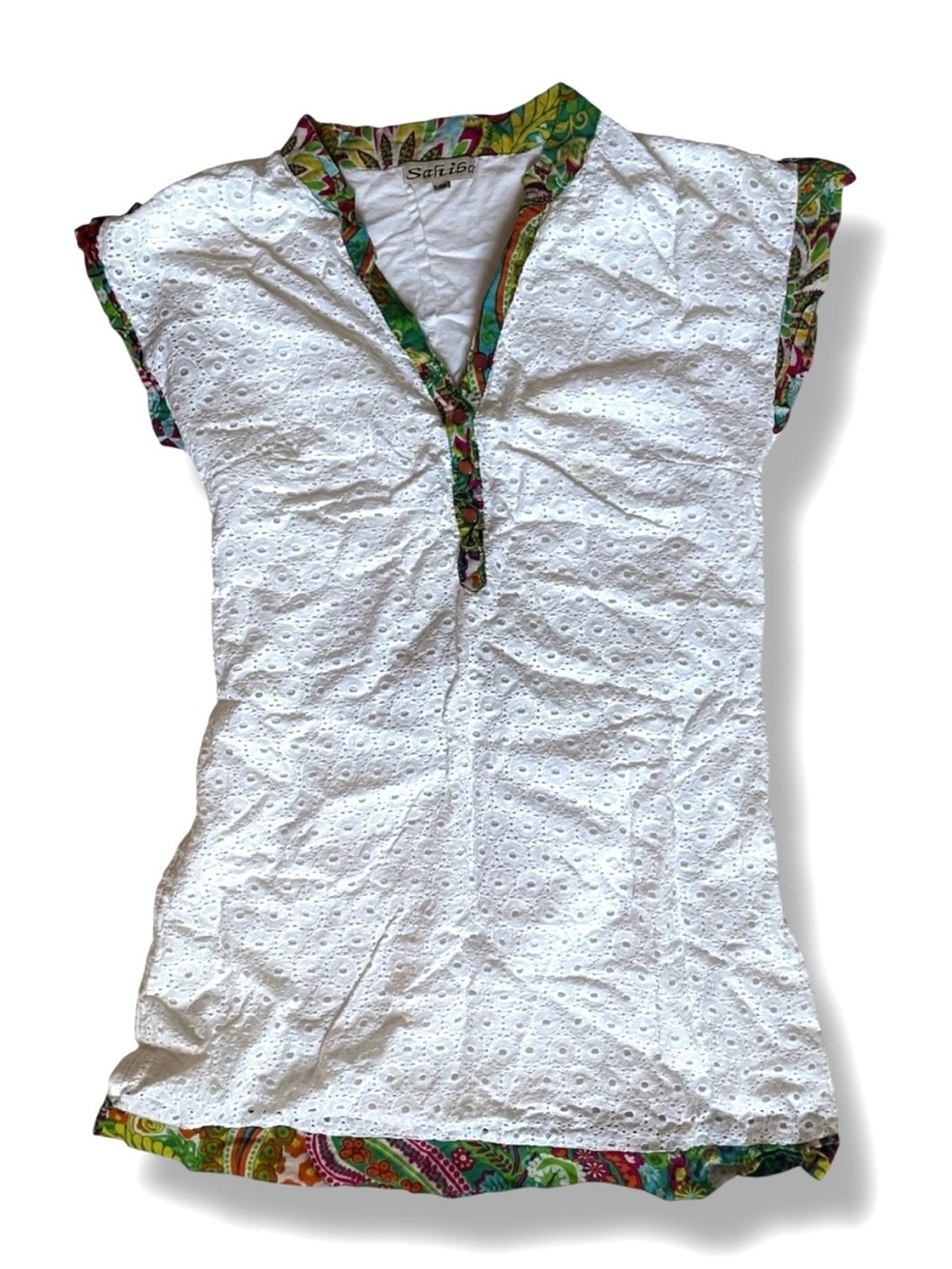White Eyelet Tunic with Multicolor Trim size M cute! Beach coverup summer fun.